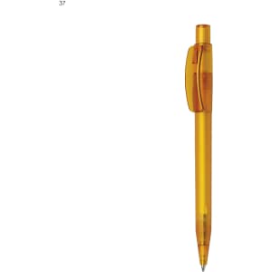 An orange plastic pen with a transparent body and a clip. It features a branding logo.