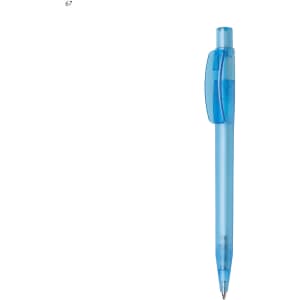 A plastic pen in a frosted blue design with a click mechanism and a clip for attachment.