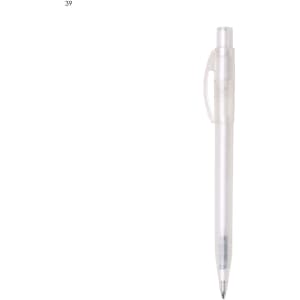 A plastic pen featuring a clear body with a transparent cap and a silver nib. It has branding on the barrel.