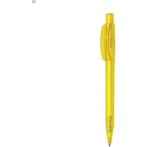 A yellow plastic pen with a clip and a transparent barrel. It has a branding logo on the barrel.