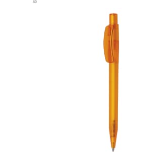 An orange plastic pen with a click mechanism and a transparent body, featuring a logo on its side.