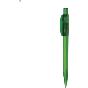 A green plastic pen with a transparent barrel and a clip. The pen has a logo on its side.