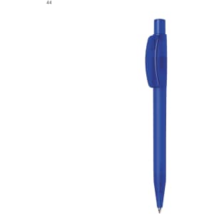 A blue plastic pen with a click mechanism and a logo on the side.