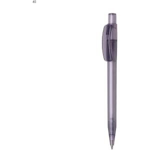 A plastic pen in a translucent grey colour with a clip and a point at the tip. It features a branding logo.