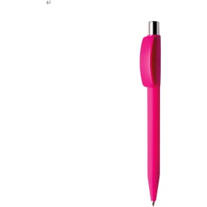 A pink plastic pen with a silver clip and a sleek design, featuring a logo on the body.