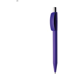 A purple plastic pen with a silver clip and tip, featuring a simple design and a logo.