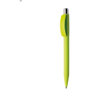 A plastic pen in vibrant lime green with a silver clip and tip, featuring a logo.