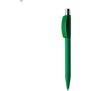 A green plastic pen with a silver clip and a smooth barrel design. It features a simple logo on the barrel.