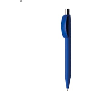 A plastic pen in blue with a clip and silver detailing, featuring a smooth rounded tip.