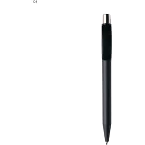 A black plastic pen with a sleek design and a silver clip, featuring a branding logo.