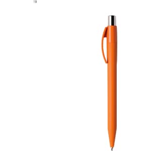 An orange plastic pen with a silver clip and tip, featuring a logo on the barrel.