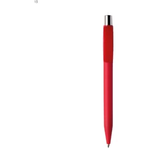 A red plastic pen with a shiny silver tip and a logo on the barrel.