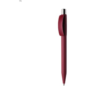 A red plastic pen with a silver clip and tip, featuring a branded logo.