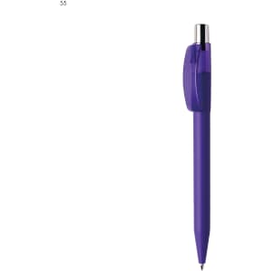 A purple plastic pen with a sleek design and a silver clip, featuring a simple branding element.