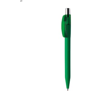 A green plastic pen with a transparent grip and a silver tip, featuring a logo on the barrel.