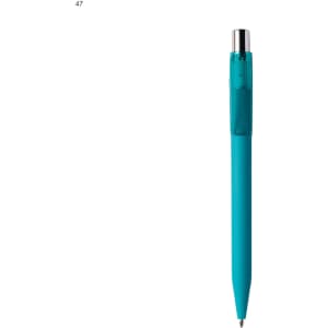 A teal plastic pen with a clear grip and a silver clip, featuring a logo on the body.