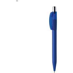 A blue plastic pen with a clip and silver details, featuring a branding logo.