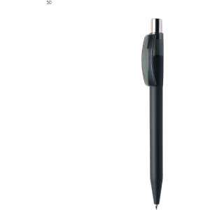 A plastic pen in dark grey with a transparent clip and silver accents. It features a logo on the barrel.