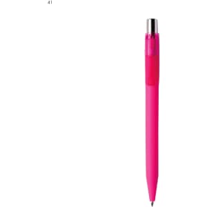 A bright pink plastic pen with a clear top and silver detailing. The pen features a logo.