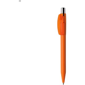 An orange plastic pen featuring a clear cap and a silver clip, with a logo present on the body.
