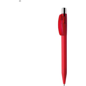 A red plastic pen with a transparent clip and silver accents. The pen has a smooth, streamlined design and a logo.