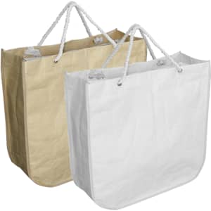 A white and a brown paper bag with round corners and rope handles, featuring a logo on each bag.