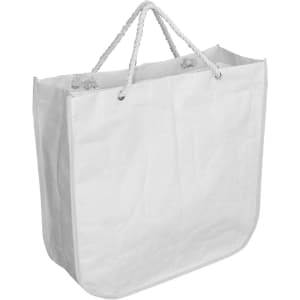 A white paper bag with round corners and rope handles, featuring a simple design and a logo.