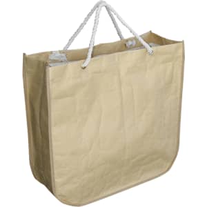 A large, beige paper bag with round corners and white rope handles. Features an internal logo.