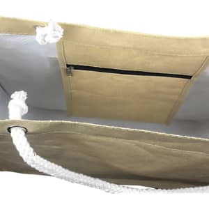 A beige paper bag with round corners, featuring a white rope handle and an interior zippered pocket.
