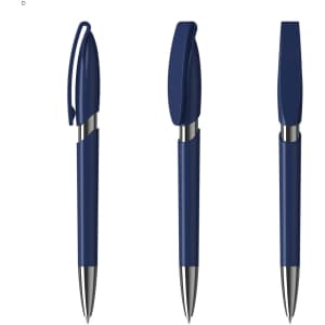 A navy blue plastic pen with a sleek design and a clip, featuring a shiny silver tip. It has a brand logo.
