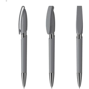 A set of grey plastic pens, featuring a sleek design and clip, displayed from multiple angles.