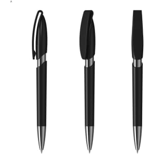 A set of three black plastic pens with silver accents and clip features. Each pen has a sleek design.