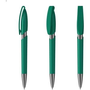 A green plastic pen with a retractable top and a silver tip, featuring a branding logo.