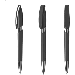 A black plastic pen with a sleek design, featuring a clip and a shiny silver tip. It includes a logo on the barrel.