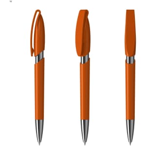 An orange plastic pen with a shiny silver tip, featuring a clip and a smooth finish, has a logo on the barrel.
