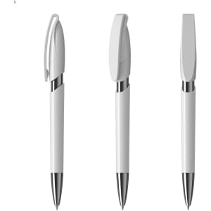 A set of three white plastic pens with a shiny silver clip and tip, featuring a sleek design and a logo.