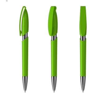 A plastic pen in bright green, featuring a click mechanism and silver accents. The pen has a branding logo.