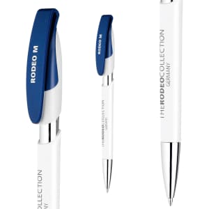 A plastic pen with a blue cap and white barrel, featuring a logo on the side.