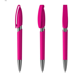 A bright pink plastic pen with a sleek design and a silver clip, featuring a cap.