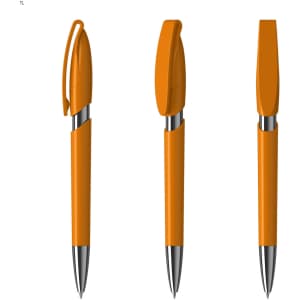An orange plastic pen with a silver tip, featuring a click mechanism and a clip for attachment.