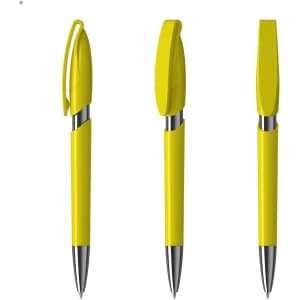 A bright yellow plastic pen with a silver clip and tip, featuring a sleek, modern design and a logo.