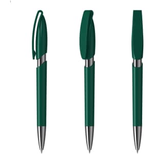 A green plastic pen with a silver tip and a retractable design, featuring a clip and a smooth grip.
