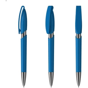 A blue plastic pen with a clip, featuring a sleek design and metal details, displayed in three orientations.