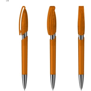 Three orange plastic pens displayed from different angles, featuring silver accents and a logo on the barrel.