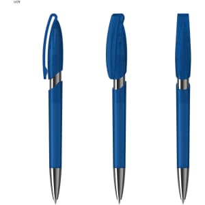 A set of three transparent blue plastic pens with silver tips and clips, featuring a clear cap design.