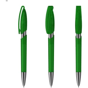 A green transparent plastic pen with a silver tip and clip, featuring a logo. Three angles displayed.