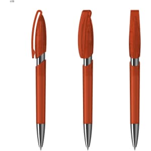 A transparent orange plastic pen with a silver tip and a removable cap, shown from multiple angles.