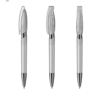 A set of transparent plastic pens featuring silver accents, displayed in three positions. Each pen has a clip and a logo.
