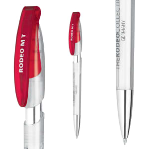 A transparent plastic pen with a red cap and silver accents, featuring a branding logo.