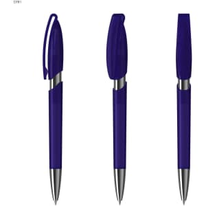 Three purple plastic pens with shiny silver tips and clear caps, featuring a clip, displayed from different angles.